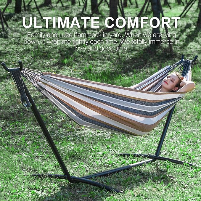 PNAEUT Double Hammocks with Stand for Outside, Portable Space Saving Heavy-Duty Steel Frame for Indoor Outdoor Patio Yard, Easy Assembly, 2 Person 450 lbs Capacity (Coffee) - Image 2