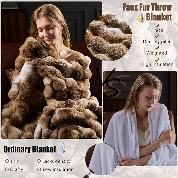 Faux Fur Throw Blanket for Couch, Fluffy Fuzzy Plush Bubble Blanket, Soft Warm Cozy Shaggy Rabbit Blanket, Luxury Decorative Gifts for Sofa Bedroom Living Room, 60x80inch (Tie-Dye-Brown)