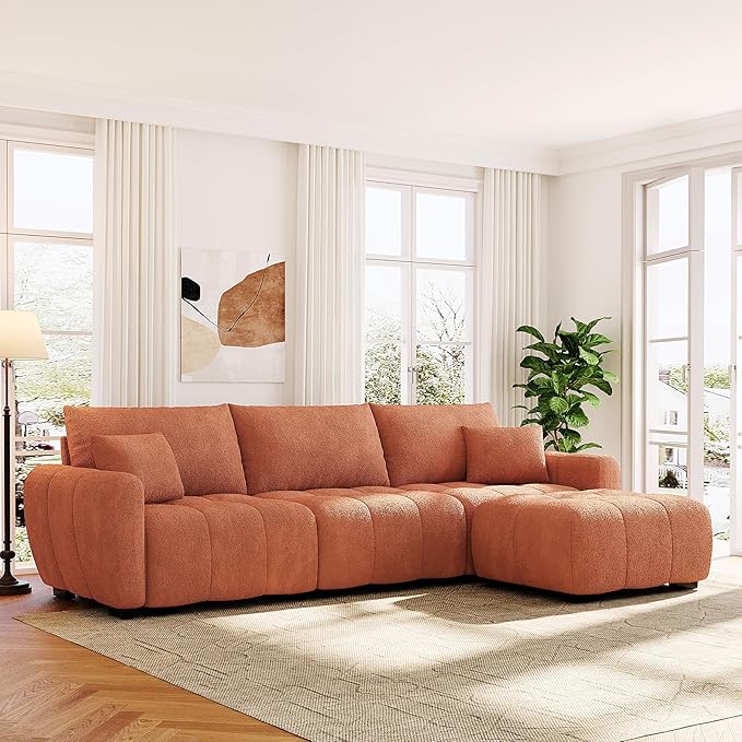 ERYE 110" L-Shaped Sectional Sofa 4 Seat Tufted Sofa Couches with Ottoman, Oversized Tufted Boucle Upholstered Corner Sectional Couch for Living Room Home Apartment