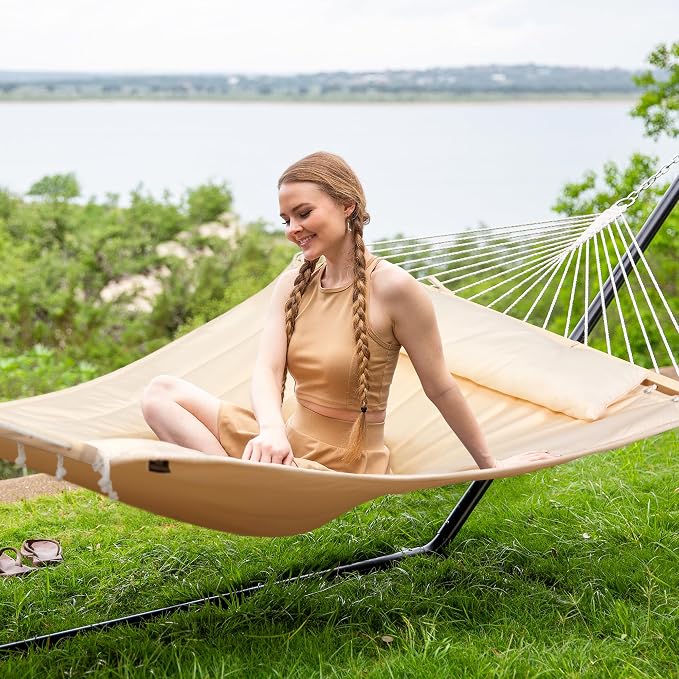 SUNCREAT Double Outdoor Hammock with 15 ft Stand, Standing Patio Hammocks for Outside, Beige - Image 2