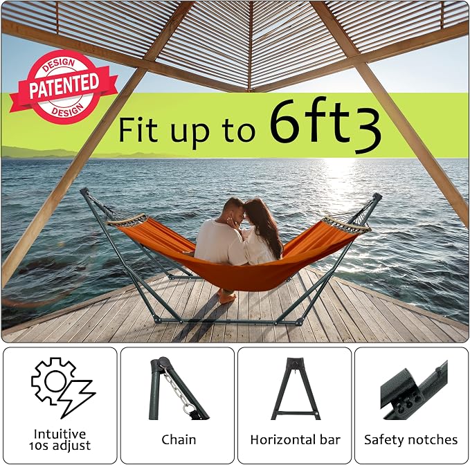 Tranquillo Sturdy Steel Hammock with Stand Premium Cotton Canvas Hammock, 600 lbs Capacity Hammock Stand Folding, Portable 30-Second Fold Unfold Hammock for Camping, Orange - Image 3