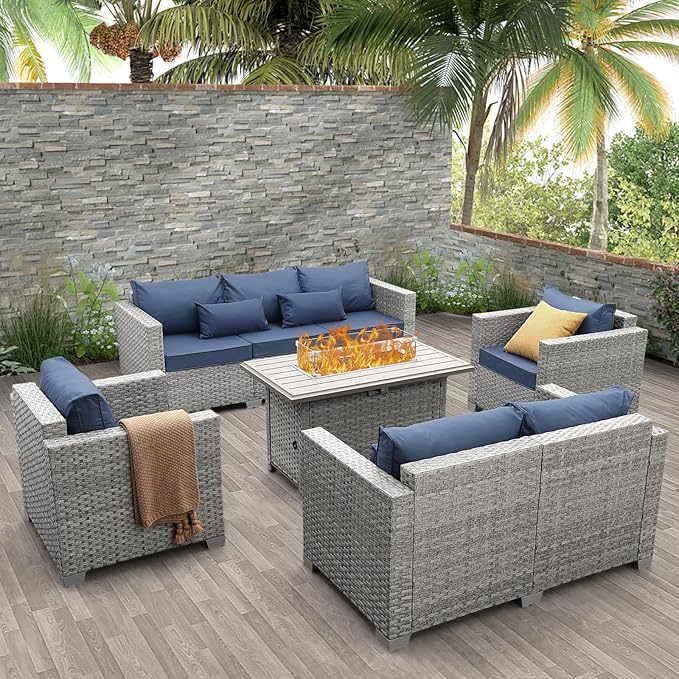 WAROOM Patio Furniture Set 5 Piece Outdoor Furniture with Fire Pit Table, Grey Wicker Sectional Sofa Couch Sets Backyard Deep Seating PE Rattan Chairs with Navy Blue Cushion
