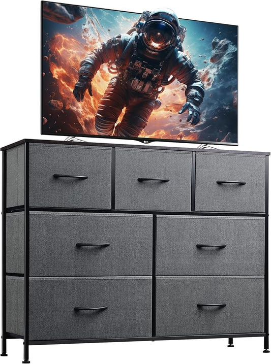 WLIVE 7 Drawer Dresser TV Stand, Entertainment Center, Media Console Table with Metal Frame and Wood Top for TV up to 45 inch, Chest of Drawers for Bedroom, Living Room, Dark Grey by WLIVE