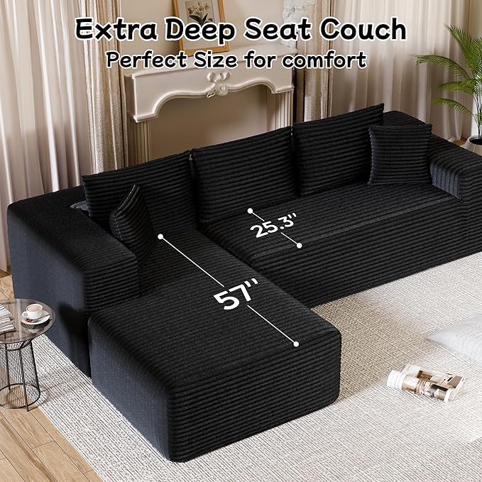 104” Sectional Cloud Couch, L-Shape Compressed Sofa with Right Chaise Lounge, Modern Modular Cloud Couches with 2 Pillows & Deep Seat, Flannel Velvet Floor Sofa for Living Room, Black