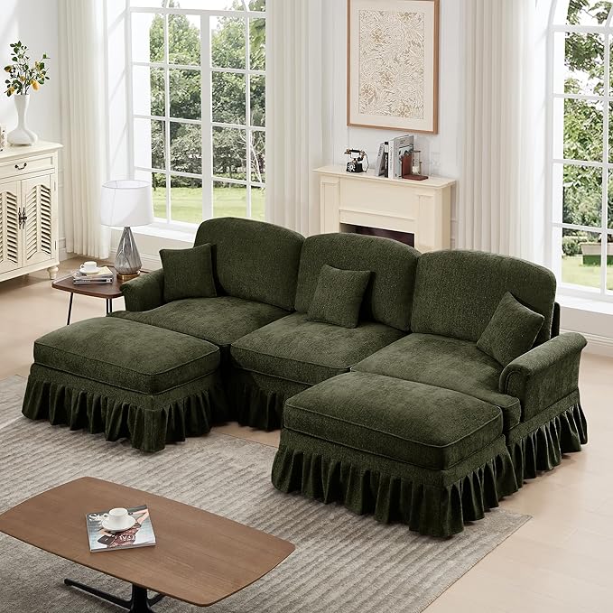KEIKI Mid Century Modular Sofa with Flared Arms and Skirted Design, 107” Oversized 3-Seater with 2 Ottomans Luxury Chenille U-Shaped Sectional Couches for Living Room, Chaise Lounge Indoor, Green