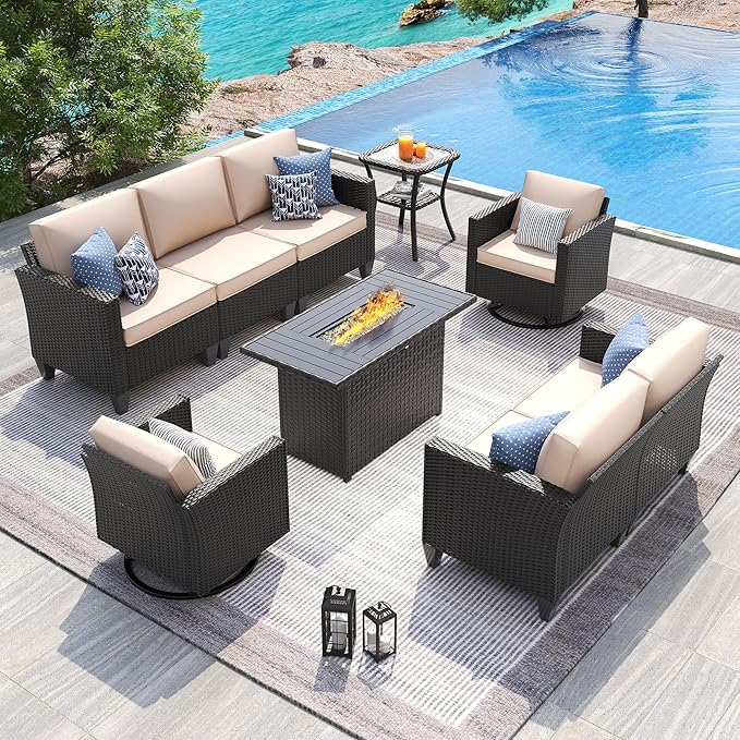 UDPATIO Patio Furniture Set with Fire Pit Table and Swivel Rocking Chairs, 6 Pieces Outdoor Wicker Furniture Set with Waterproof Cover, 4'' Thickened Cushion, Khak