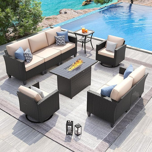 UDPATIO Patio Furniture Set with Fire Pit Table and Swivel Rocking Chairs, 6 Pieces Outdoor Wicker Furniture Set with Waterproof Cover, 4'' Thickened Cushion, Khak