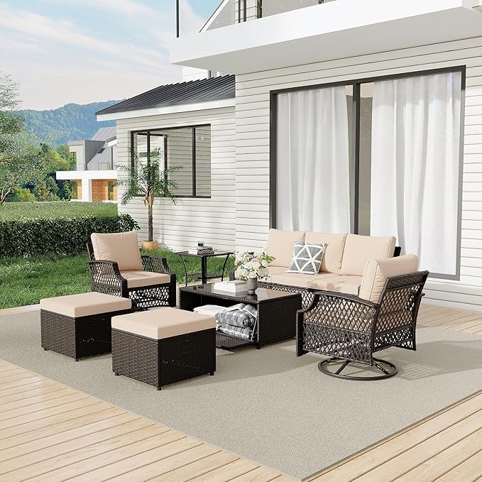 HOMREST 7 Piece Patio Furniture Set, Wicker Outdoor Conversation Set with Swivel Chairs, 2 Ottomans, Storage Coffee Table, Rattan Outdoor Sectional Sofa for Deck Backyard Porch （7 Seats, Khaki