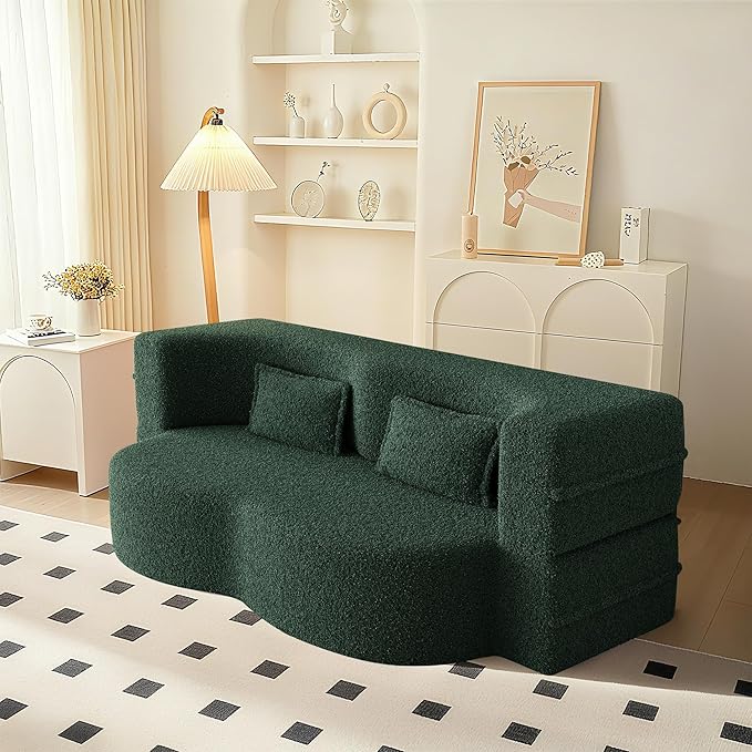 78" Convertible Sofa Bed, 2-in-1 Folding Floor Couch with 2 Pillows, Sleeper Sofa for Living Room and Bedroom, No Assembly Required (Green, Teddy Fabric)