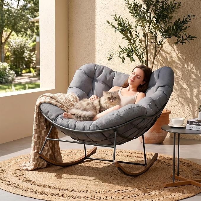 Grand patio Outdoor Rocking Chair, Oversized Papasan Rocking Chair with Thick Cushion, Indoor Outdoor Cozy Rocker for Balcony, Living Room, Patio, Gray - Image 3