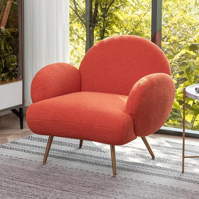 Orange Accent Sherpa Chair, Comfy Boucle Chair for Reading Bedroom Living Room with Golden Metal Legs Teddy Tufted Backrest Sofa Armchair Side Chair