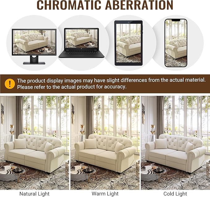 KEIKI 63" Velvet Chesterfield Sofa with Rolled Arms & Nailhead Trim & 1 Ottoman, Modern 2-Seater Button Tufted Couch with High Resilience Cushion & 2 Pillow, Easy Assembly, for Living Room, White