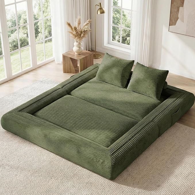 4-in-1 Convertible Folding Sofa Bed, 76 Inch Queen Size Foldable Sleeper Sofa Bed, Wide Corduroy Upholstery, Boneless Mattress Couch with Armrests & Neck Pillow for Living/Bedroom - Green
