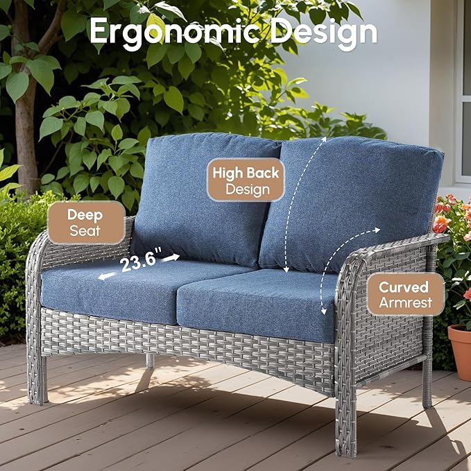 4 Pieces Wicker Patio Furniture - All-Weather PE Wicker Outdoor Conversation Bistro Set Loveseat Chairs with Table,Outdoor Rattan Sofa Chair High Back Deep Seating,Blue