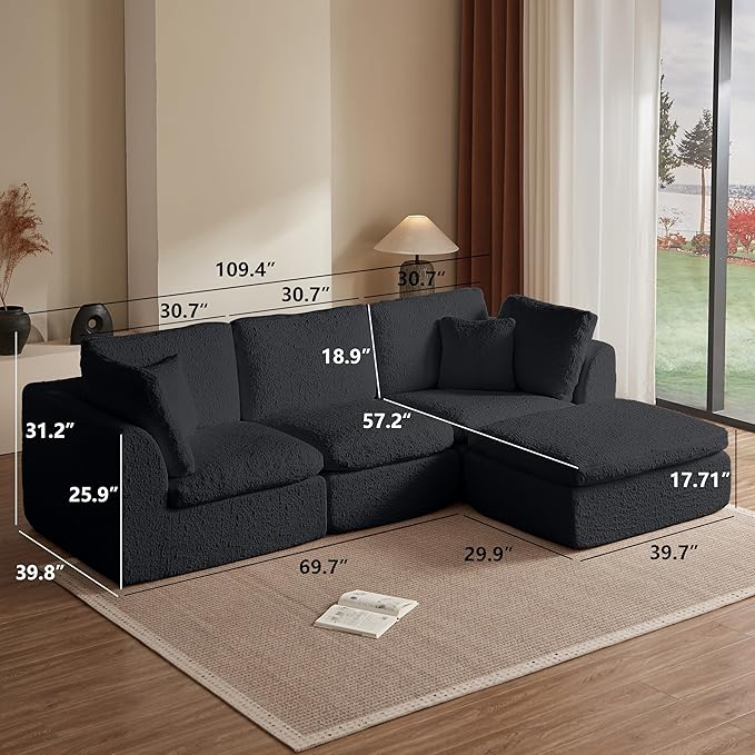 110" Cloud Sectional Couches for Living Room, Convertible L Shape Boneless Couch Chenille Fabric with Ottoman, 3 Seater Modular Sectional Sofa No Assembly Required, Black