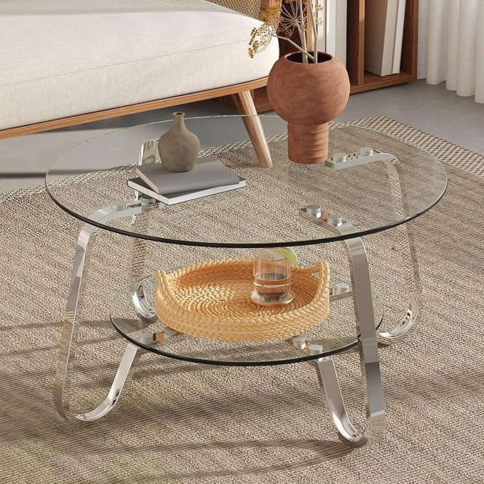 Glass Round Coffee Table for Living Room, 31.5 Inch Tempered Glass Top & Sturdy Metal Frame with Storage Shelf, Modern Small Center Table with 200lb Capacity, Quick & Easy Assembly