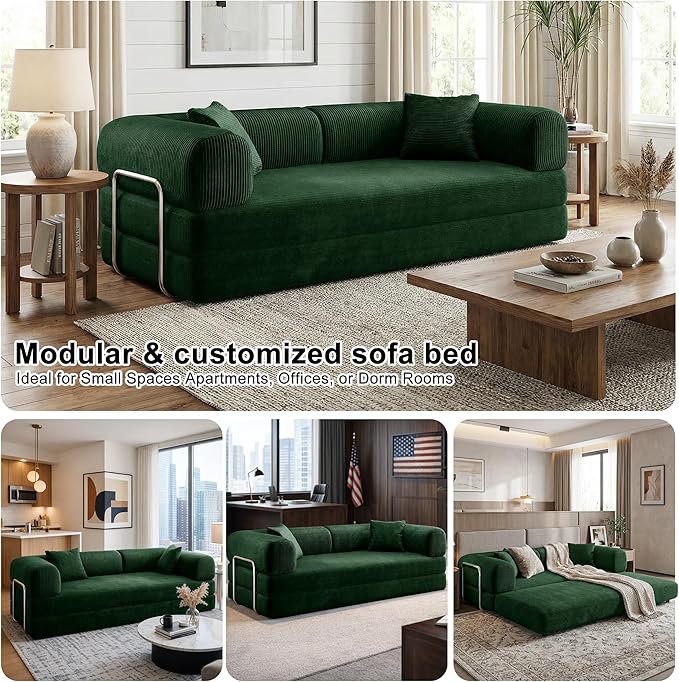 78 Inch Folding Convertible Sofa Bed, 4-in-1 Oversized Cloud Corduroy Upholstered Boneless Couch, Loveseat Sleeper with Pull Out Bed, Modular Futon Floor Sofa Couch for Living Room Bedroom Lounge