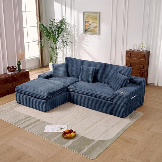 Cloud Compressed Modular Sectional Sofa, Comfy Corduroy Boneless Couch for Living Room, Modern L-Shaped Corner Couch with Cupholders and Extra Wide Chaise Lounge | Deep Seat, 11" Wider Armrest, Side Pockets, High-Resilience Foam, No Assembly Required