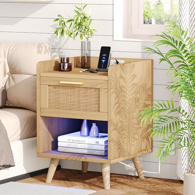 Keehusux Night Stands Set of 2, 13.8"W Nightstands with Charging Station, Boho End Table with LED Lights, Rattan Bed Side Table with Drawer & Metal Handle, Solid Wood Feet, for Bedroom, Dorm, Natural - Image 2