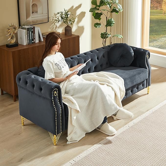ERYE 82-Inch Button Tufted Sofa Couch with 2 Round Pillows, 3 Seat Velvet Tufted Sofa Spacious Chesterfield Loveseat Couches W/Nailhead Decor,Ring Accent & Golden Legs