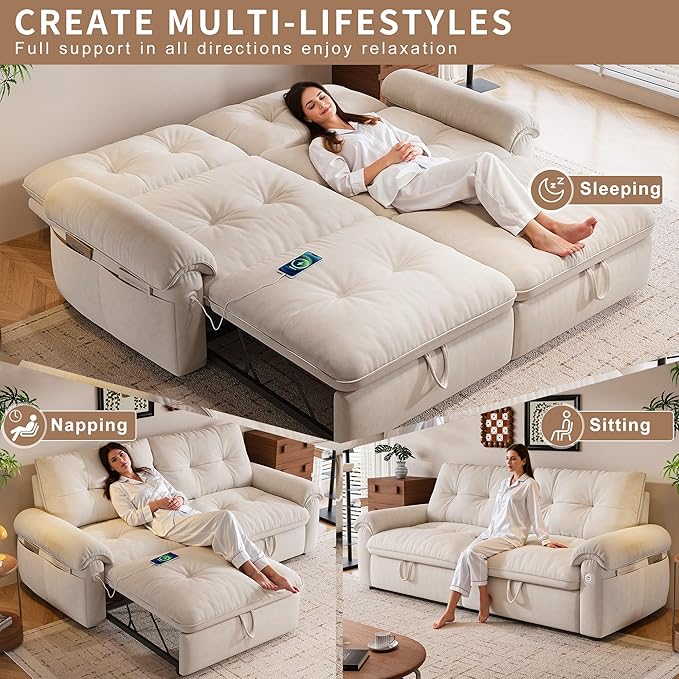 KEIKI 77" Modular Sectional Sofa with Pull-Out Bed, Convertible Sleeper Sofa Bed, 3-Seater Sleeper Sofa Couch for Living Rooms, Bedroom, Apartment, Beige