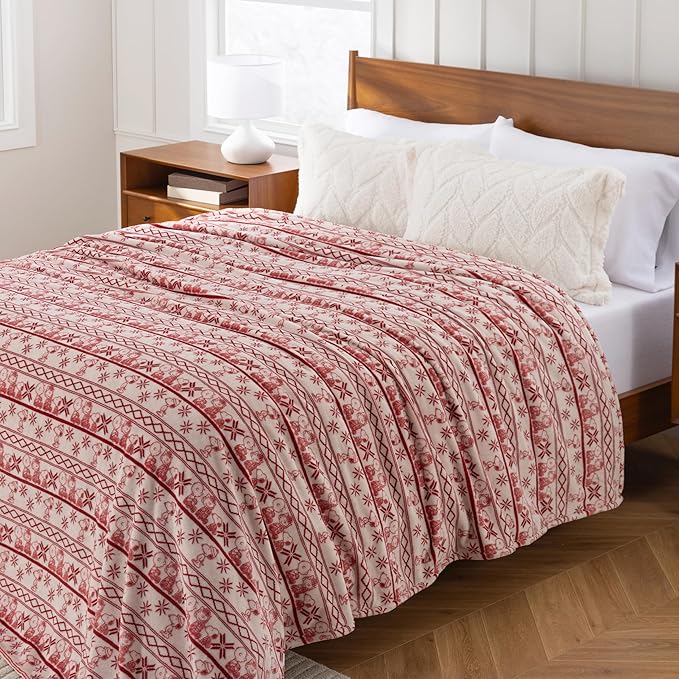Berkshire Peanuts® VelvetLoft® Cute Character Snoopy Plush Blanket,Cozy Fairisle Crimson Neutral,King 90 in x 108 in (Official Peanuts® Product)