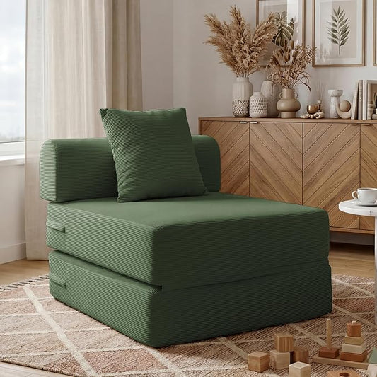 31.5'' Convertible Compressed Corduroy Folding Cloud Sofa Bed, Modern Boneless Pull Out Sleeper Sofa Couch in a Box, 3 in 1 Portable Lazy Floor Lounge Chair, for Small Space, Green, Pillow, Single