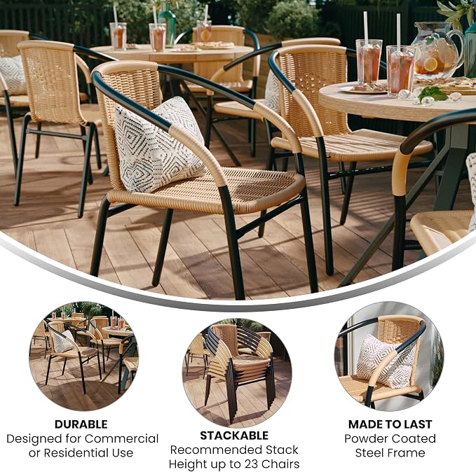EMMA + OLIVER Set of 4 Modern Rattan Indoor/Outdoor Stack Chairs, Stacking Rattan Patio Chairs with Curved Back and Cross Bracing, Beige - Image 5