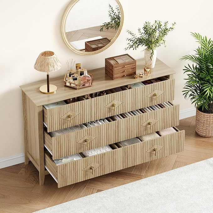 GarveeHome Fluted Dresser for Bedroom, 54 Inch Wide 7-Drawer Wood Dresser, Modern Chest of Drawers, Storage Organizer Cabinet for Living Room, Hallway, Entryway, Natural - Image 6