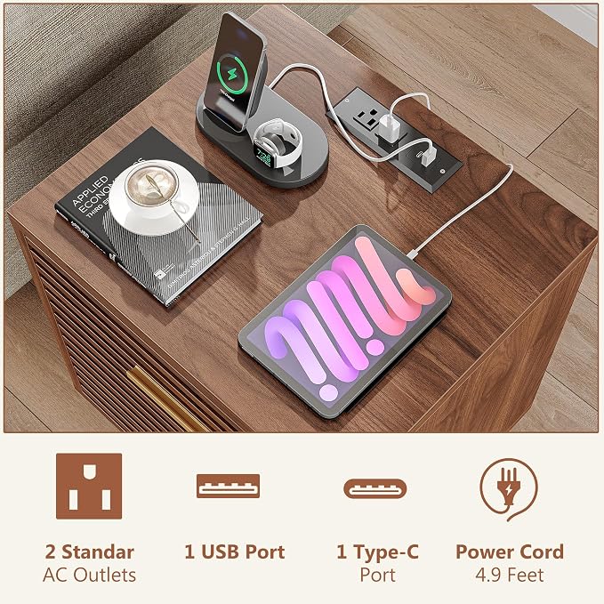 Whalefall Night Stands with Charging Station, Mid Century Modern Nightstand, Fluted Bedside Table with Drawer, End Table Bed Side Tables for Bedroom, Accent Tables with Wood Legs, Brown 1pc - Image 3