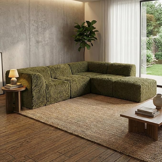 Furniture of America Havyn Modern Faux Fur 5-Seater L-Shaped Modular Foam Sectional Sofa with Ottoman, Compressed Couch in a Box, No Assembly Required, for Living Room and Office, Olive Green