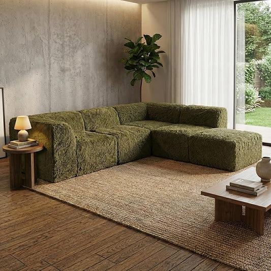 Furniture of America Havyn Modern Faux Fur 5-Seater L-Shaped Modular Foam Sectional Sofa with Ottoman, Compressed Couch in a Box, No Assembly Required, for Living Room and Office, Olive Green