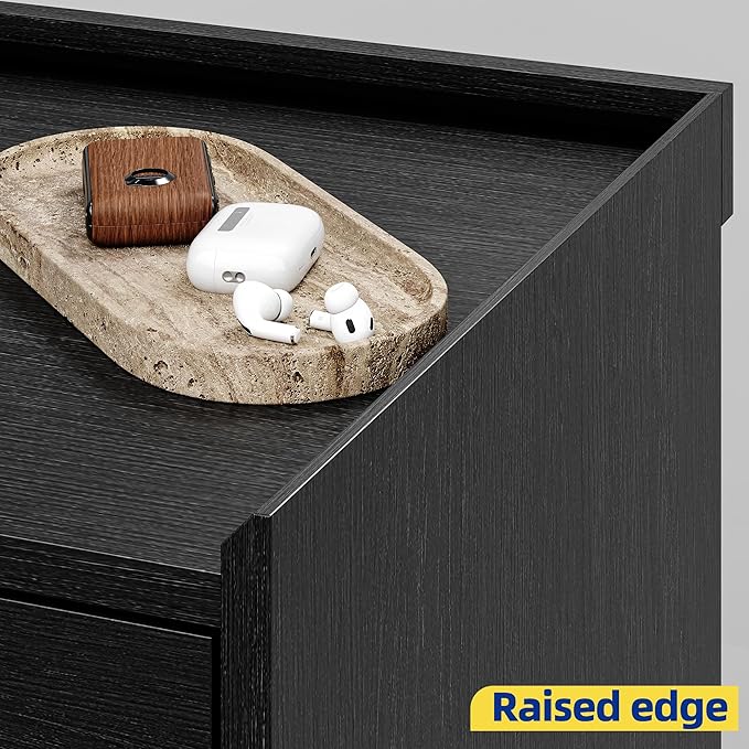 3PC Bedroom Furniture Set, Black Wood Grain 6-Drawer Dresser & 2 Charging Nightstands with Metal Handles, USB & Type-C Ports, AC Outlets, Open Shelf, Raised Edge Top, for Bedroom Apartment
