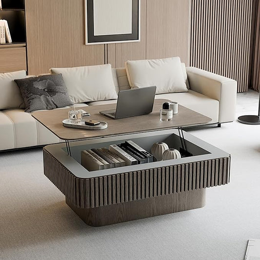 Gray Coffee Table with Lifting Top with Storage for Living Room,Fluted Lift Top Coffee Tables with Solid Wood Center Table 38.6'' Modern Smart Rectangular Lift Up Tabletop for Apartment Office