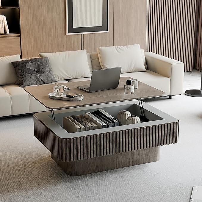 Gray Coffee Table with Lifting Top with Storage for Living Room,Fluted Lift Top Coffee Tables with Solid Wood Center Table 38.6'' Modern Smart Rectangular Lift Up Tabletop for Apartment Office