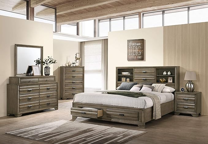 Roundhill Furniture Loiret Light Grey Finish Wood Storage Platform Queen Bedroom Set with Dresser, Mirror, Two Nightstands, Chest