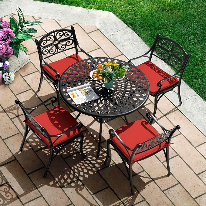 NUU GARDEN 5 Piece Outdoor Patio Dining Set, 42" Cast Aluminum, Round Patio Dining Table with 2.24" Umbrella Hole and Patio Dining Chairs with Cushions for Garden, Balcony, Bronze and Red - Image 2