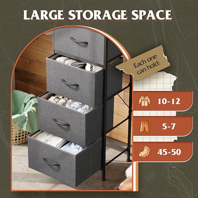 WLIVE Fabric Dresser, 5-Drawer Tall Dressers for Bedroom, Storage Dresser Organizer with Fabric Bins, Wood Top, Sturdy Steel Frame, Chest of Drawers for Closet, Hallway, Dark Grey - Image 5
