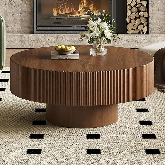 Merax Modern 35.4 Inch Round Large Coffee Table with Sturdy Base, Wood Center Table with 6.8" Thick Tabletop for Living Room Reception Room, Easy Assemble, Walnut