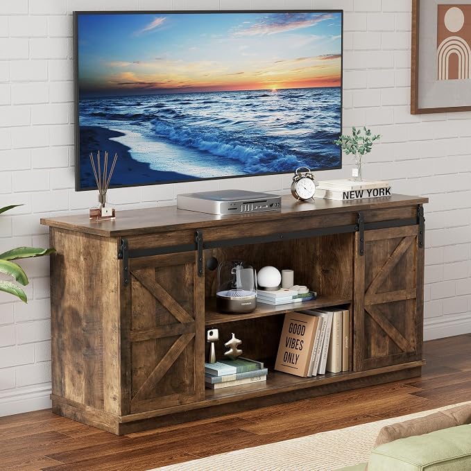 YESHOMY TV Stand for Televisions up to 65 Inches, with Sliding Barn Doors and Storage Cabinets, Console Table and Media Furniture for Living Room, 58 Inch, Barnwood by SearchallYESHOMY