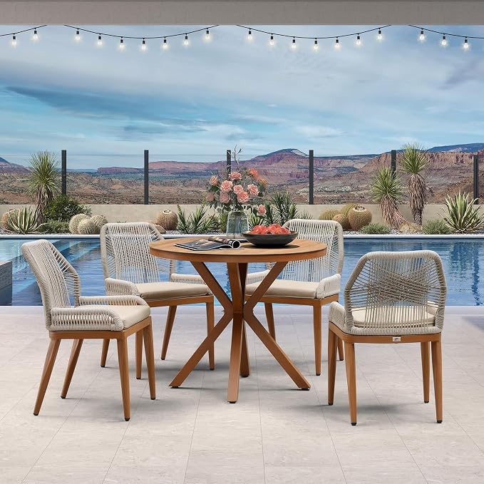 PURPLE LEAF 5 Pieces Round Dining Set Patio Aluminum Modern Round Table and Wicker Chairs with Cushions for Kitchen Porch Garden Outdoor Furniture Sets - Image 2