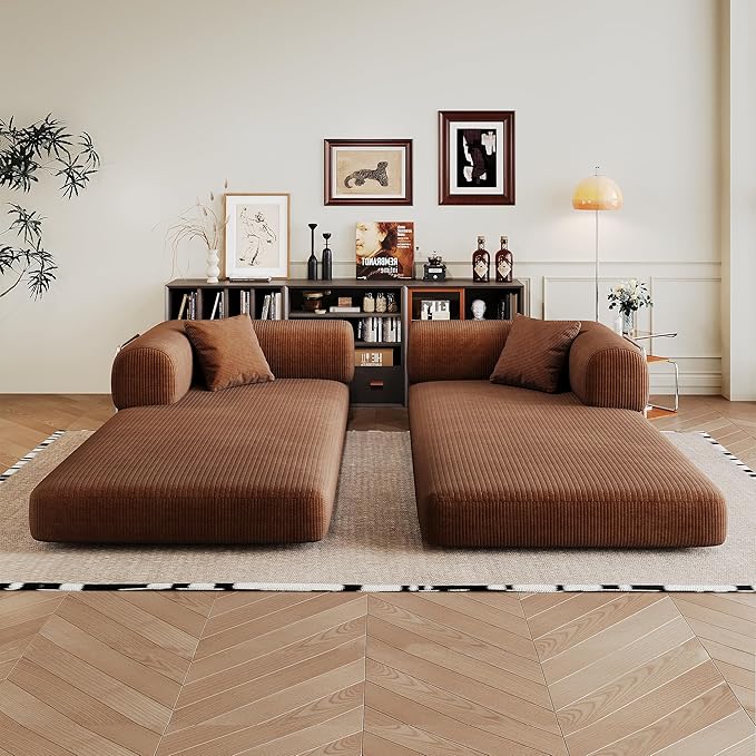 79" Convertible Sofa Bed, Corduroy Folding Pull Out Couch with Pillows, No Assembly Modern Boneless Couch Compression Sofa in Box, Floor Sofa with Support Rods for Living Room,Brown