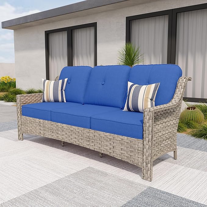 HOOOWOOO Patio Couch,Outdoor Wicker 3 Seater Sofa,All Weather Resistant High Back Rattan Deck Matching Furniture(Navy Blue)
