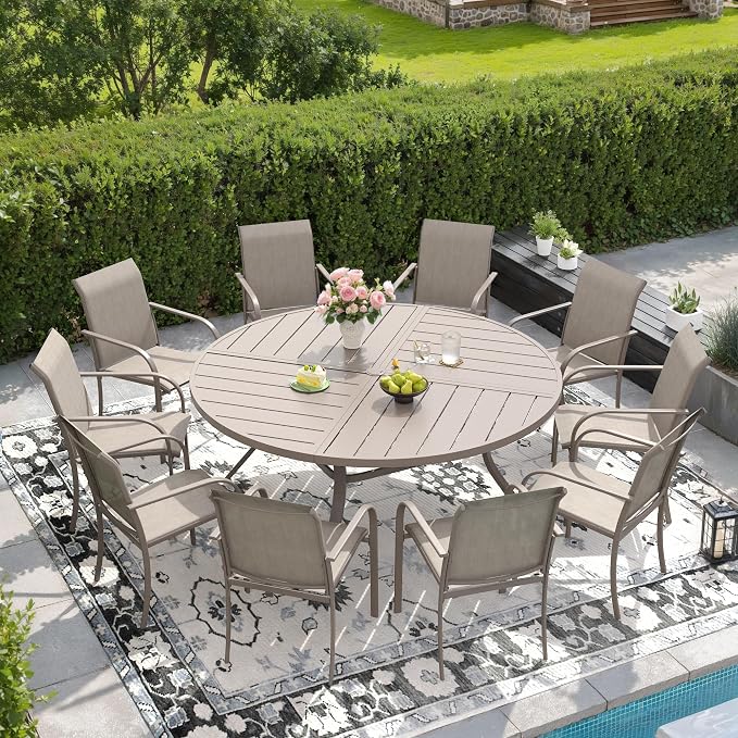 DIFY Patio Dining Set for 10, 11 Piece Outdoor Table and Chairs Set, 59.8" Round Metal Patio Dining Table and 10 Textilene Stackable Patio Chairs, for Backyard Garden Poolside, Sandshell by DIFY