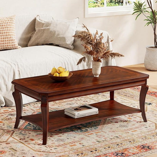 PADMA HOUSE Traditional Wood Coffee Table with Storage Shelf, Rectangle Solid Wood Tea Table with Curved Legs, 2-Tier Wooden Center Tables in Cherry for Living Room,47.2 * 23.6 * 17.9in