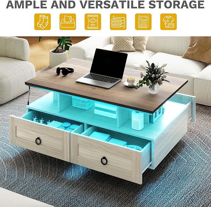 DWVO LED Coffee Table with Storage 4 Drawers, Modern High Glossy Coffee Tables for Living Room, White Rectangle Coffee Table Small Center Table with Open Display Shelf & Sliding Drawers, Brown and Oak