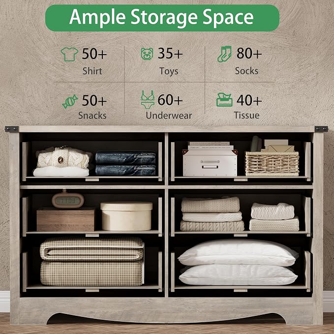 Dresser for Bedroom with 6 Drawers, 54" Wide Wood Chest of Drawers with Deep Drawers & Mental Handle, Modern Dresser TV Stand, Wooden Closet Storage Organizer for Living Room, Hallway, Entryway, Grey - Image 4
