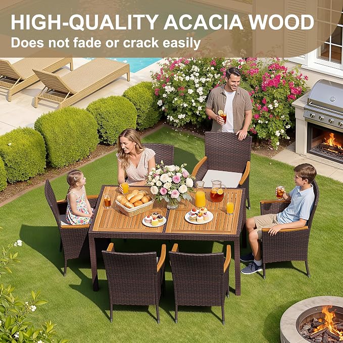 Devoko Dining 7 PCS Furniture, Patio Conversation Set with Acacia Wood Table Top, Outdoor, Beige Cushion and Brown Rattan - Image 3