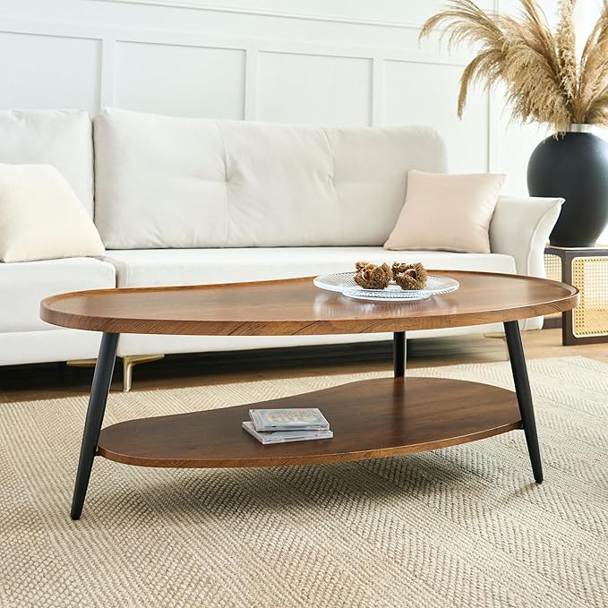 Shrine Mango-Shaped Wood Coffee Table, Mid-Century Modern Coffee Table, Brown Walnut Table for Living Room, D47.2''x W25''x H15.3'', Sleek Conical Metal Legs with Black Finish