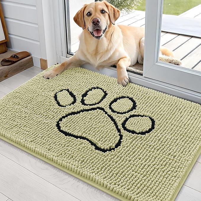 OLANLY Dog Door Mat for Muddy Paws 36x24, Paw Print Design, Absorbs Moisture and Dirt, Absorbent Non-Slip Washable Doormat, Quick Dry Chenille Mud Mat for Dogs, Entry Indoor Entryway Carpet, Vanilla by OLANLY